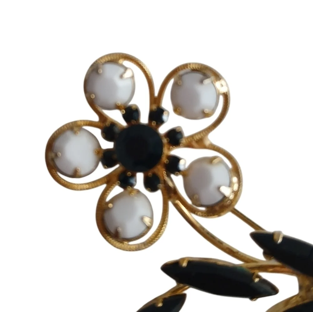 Vintage 60's Brooch Pin Flower Rhinestones Black and White Splash Floral